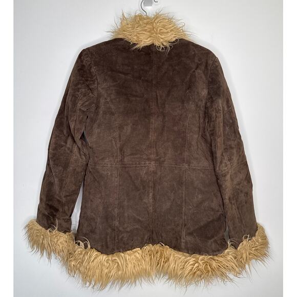 Y2K dELiA*s Suede Faux Fur Trim Jacket – Brown Shaggy Coat Size M (1990s/2000s) - Picture 4 of 13